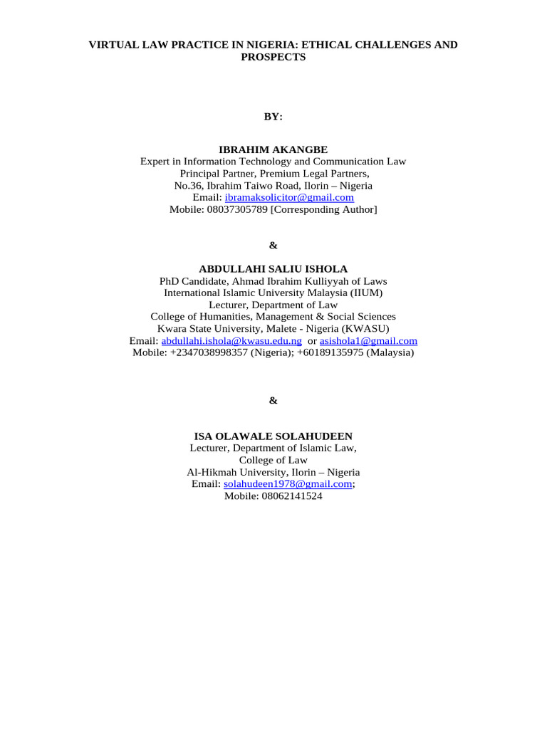 Virtual Law Practice in Nigeria Ethical Challenges and Prospects | PDF ...