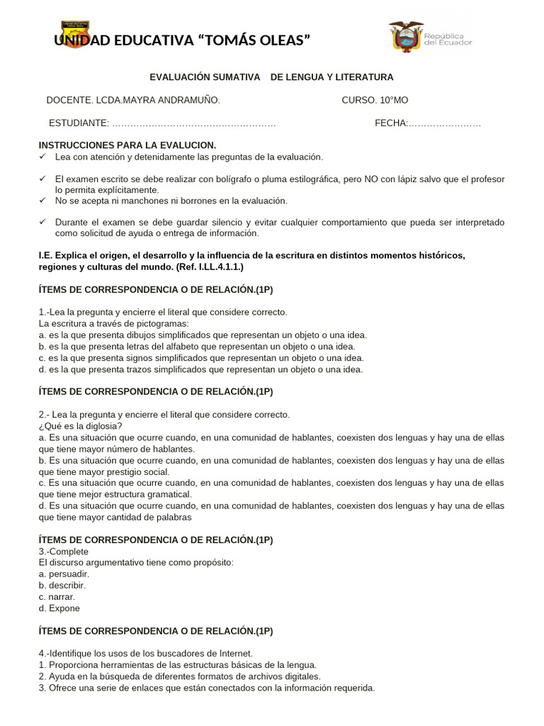 Evaluaciones Sumativa 10mo | PDF