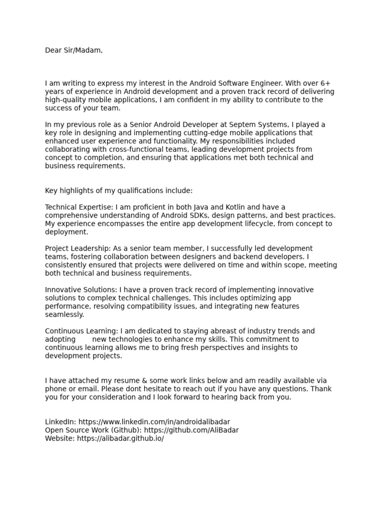 Ali Badar Cover Letter Pdf