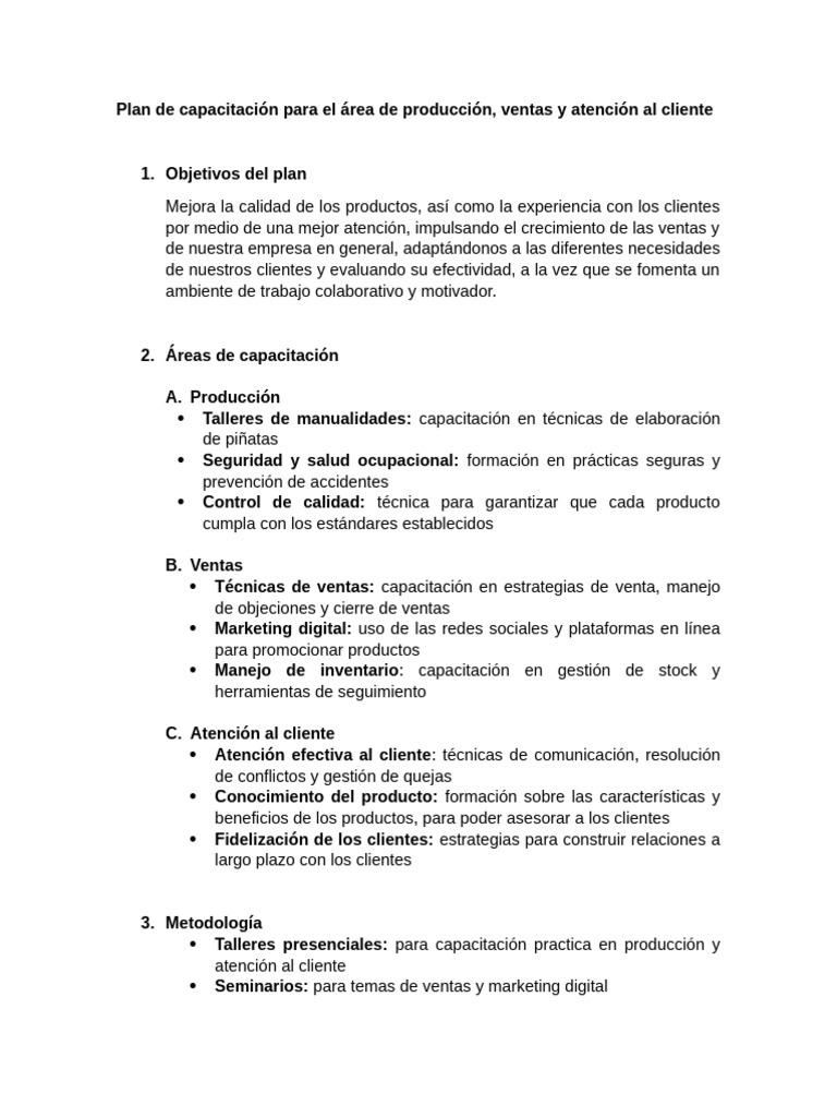 Plan de Capacitación para El Área de Producción, Ventas y Atención Al ...