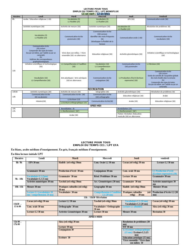 Emploi Du Temps Ce1 LPT | PDF