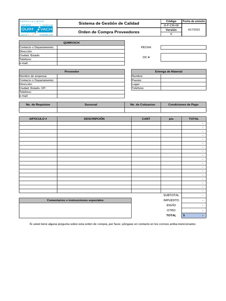 G-F-CM-06 Orden de Compra Proveedores | PDF
