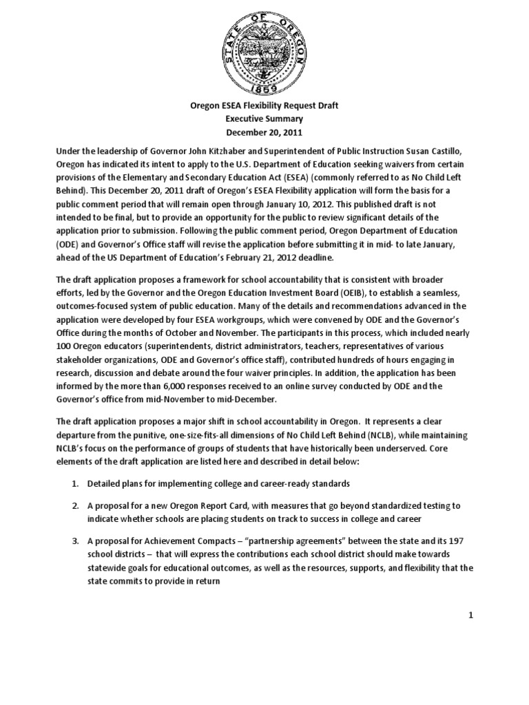 Oregon ESEA Flexibility Request Draft PDF Elementary And Secondary