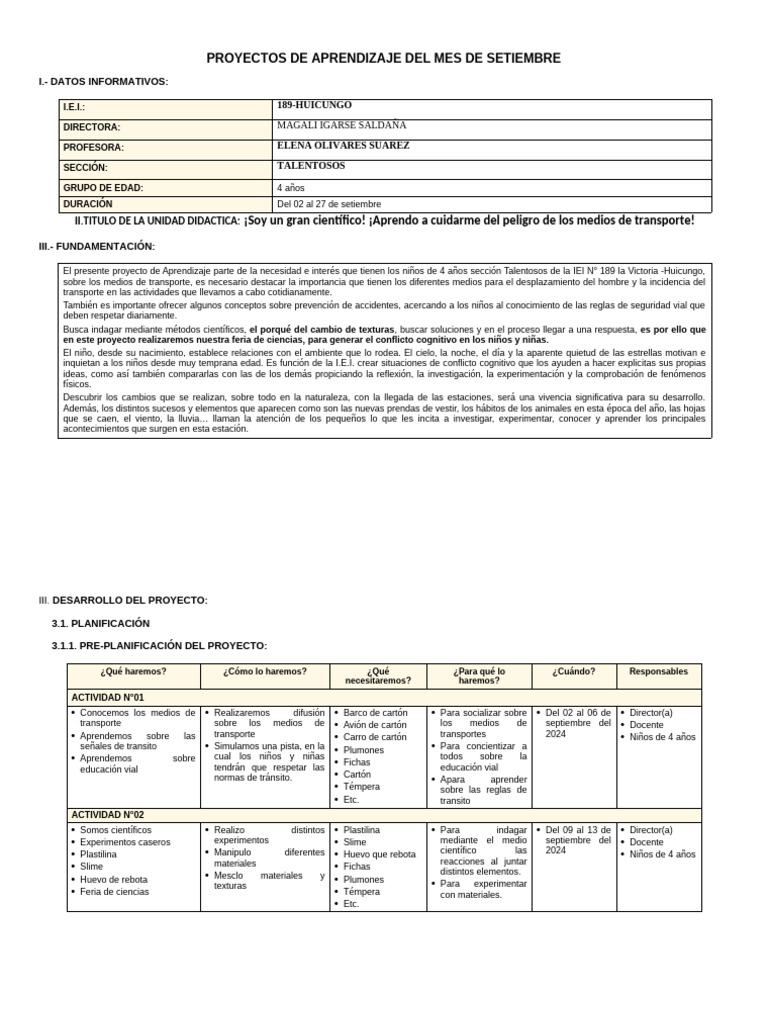 Proyectos de Aprendizaje Setiembre | PDF