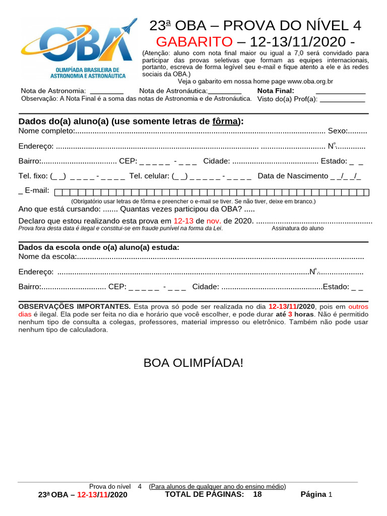 Prova Nivel 4 Da 23 OBA de 2020 GABARITO VIRTUAL | PDF