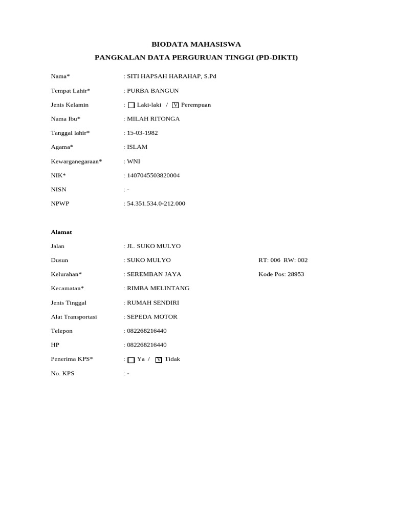 Format biodata pddikti pdf
