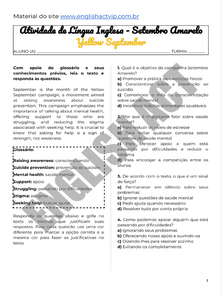 Yellow September - Setembro Amarelo - Atividade de Inglês para 8º e 9º ...