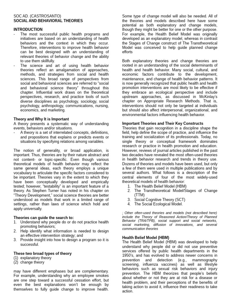 Social and Behavioral Theories in Health | PDF | Theory | Self-Improvement