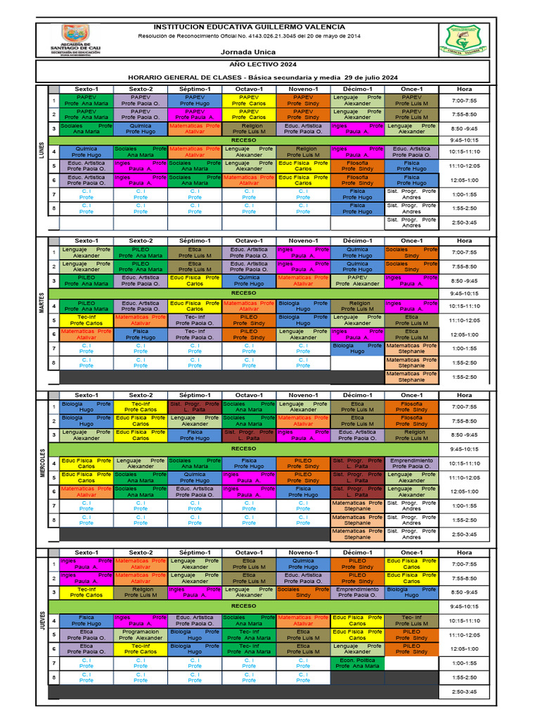 Año Lectivo 2024 HORARIO GENERAL DE CLASES - Básica Secundaria y Media ...