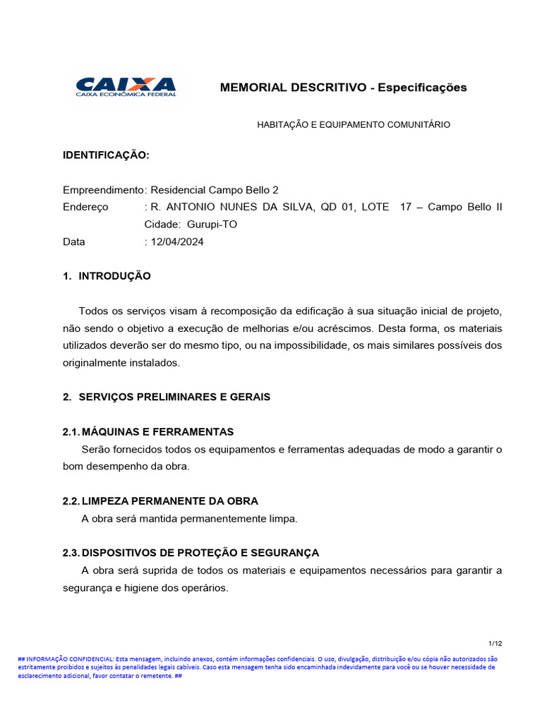 Memorial Descritivo Residencial Campo Bello 2 | PDF | Materiales