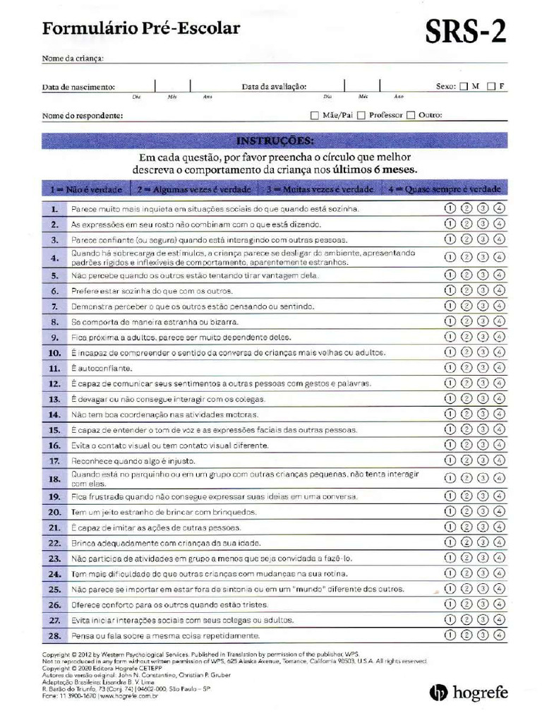 TESTE SRS2 - PRÉ ESCOLAR | PDF