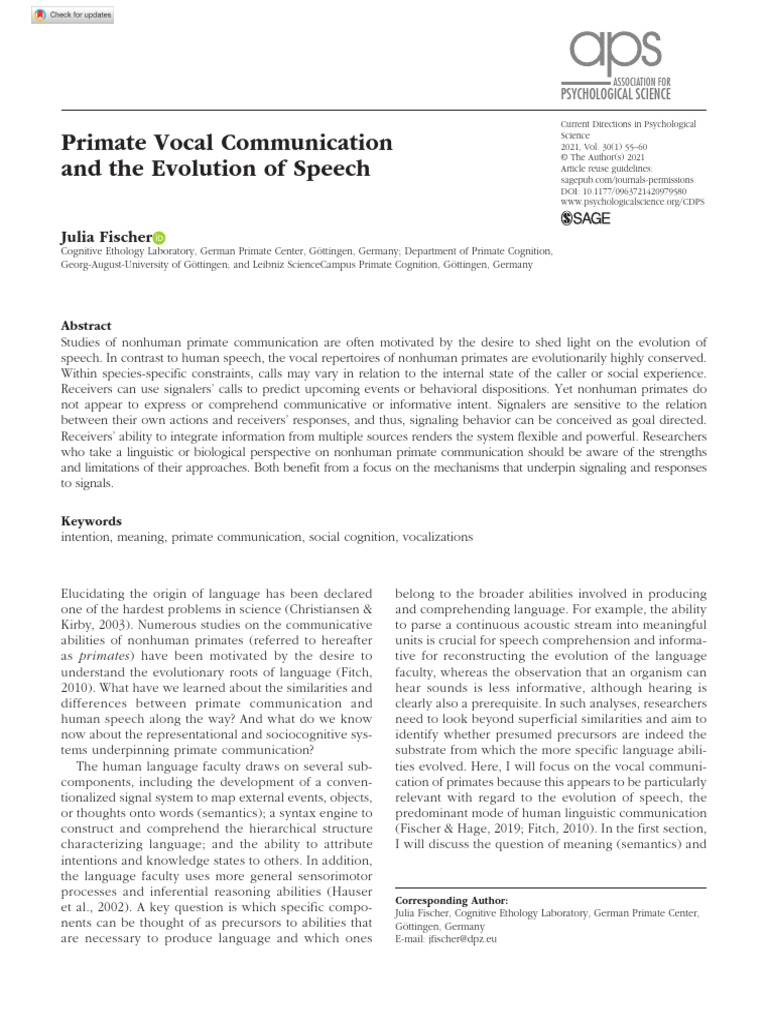 Fischer 2021 Primate Vocal Communication and The Evolution of Speech | PDF
