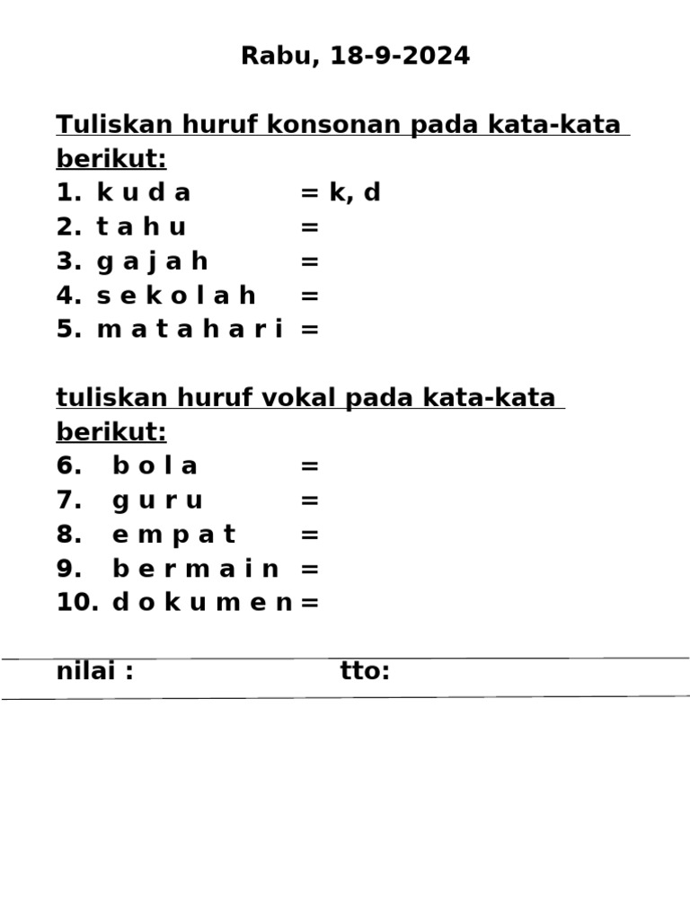 Latihan Bahasa Indonesia Huruf Vokal Dan Konsonan Pdf