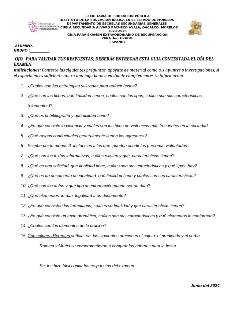 Guía Exa Extra Español 2023-2024 | PDF