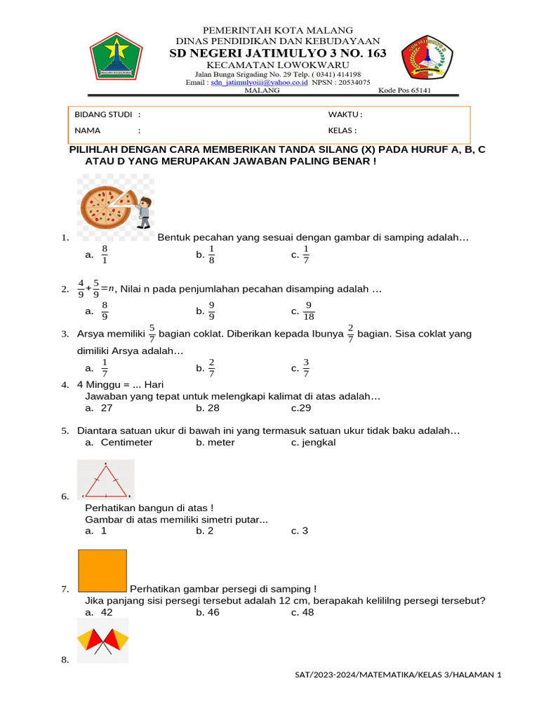 Soal Sat Matematika Kelas 3 | PDF