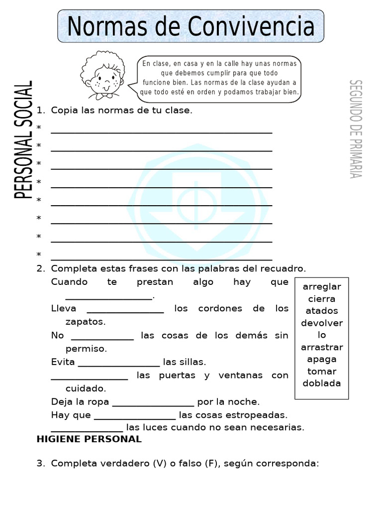 Ficha de Normas de Convivencia para Segundo de Primaria | PDF