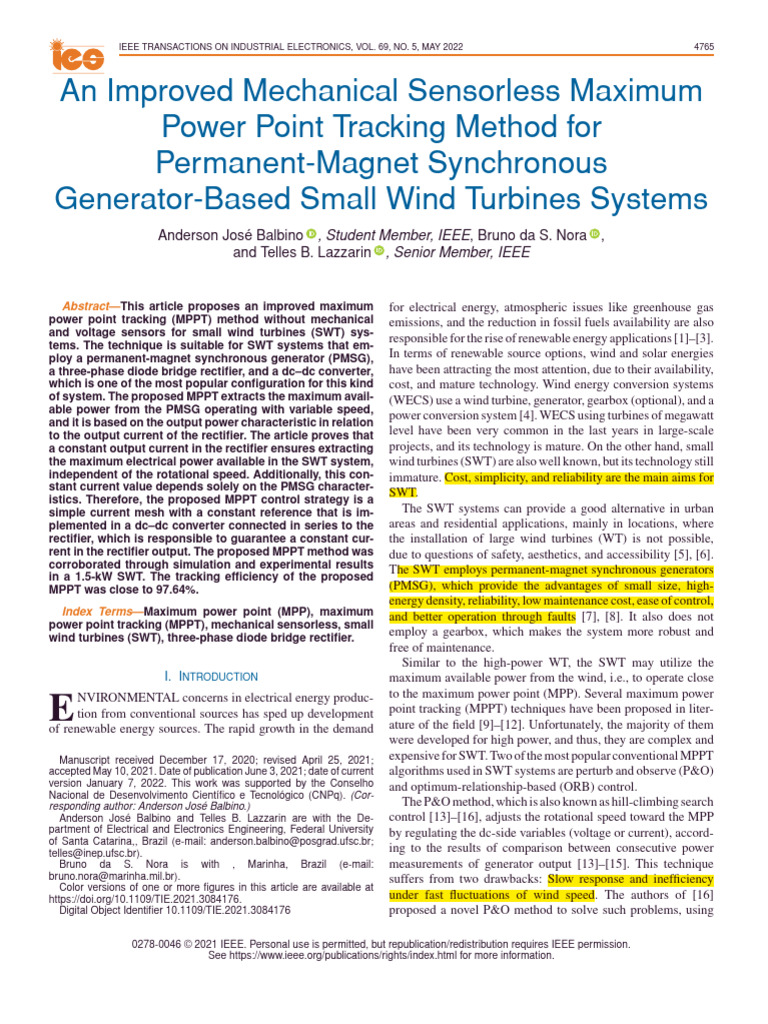 Need 2022 An Improved Mechanical Sensorless Maximum Po | PDF