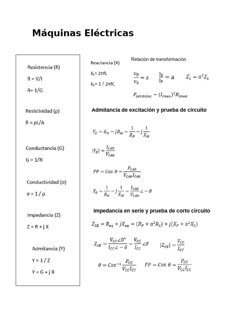 Formulario Máquinas Eléctricas Pdf