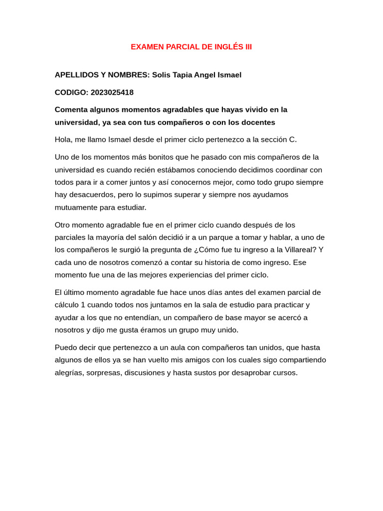 EXAMEN PARCIAL DE INGLÉS III | PDF