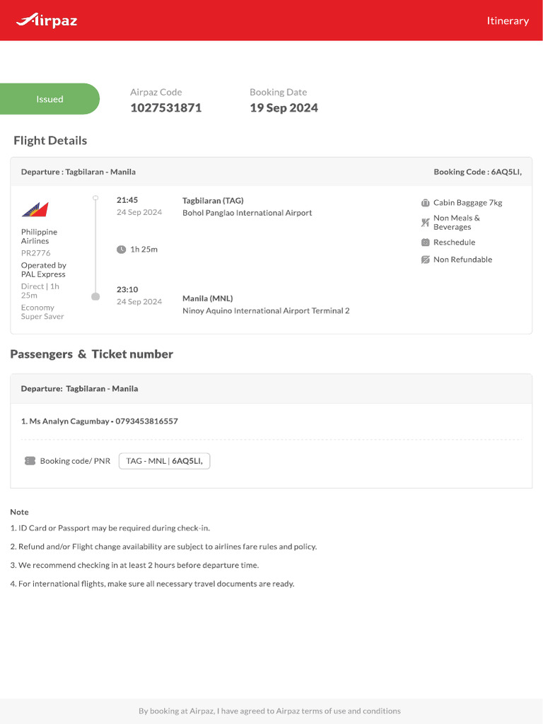 Airpaz Flight Itinerary 1027531871 | PDF