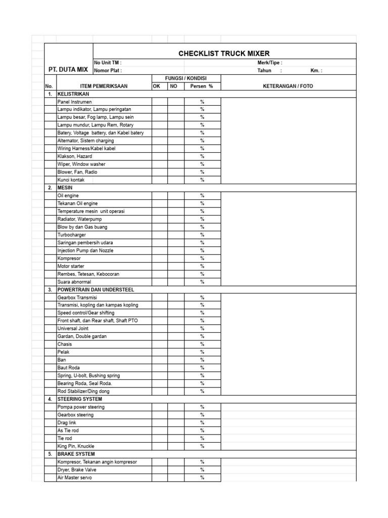 Checklist Pemeliharaan Truck Mixer | PDF | Land Vehicles | Vehicle ...