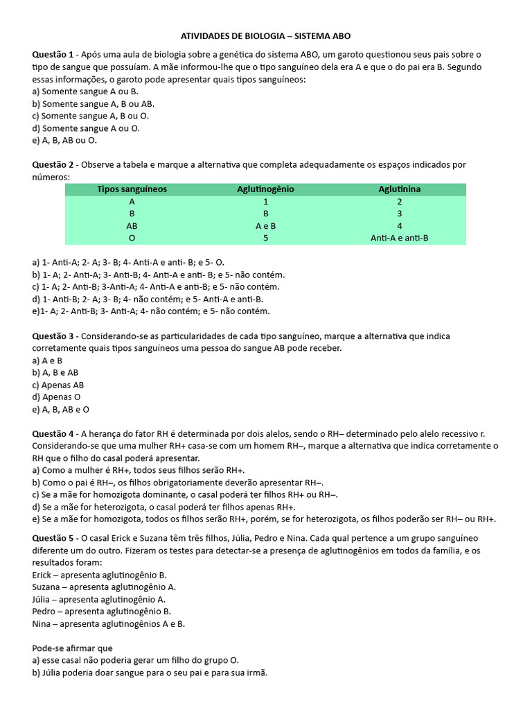 Atividades sobre o Sistema ABO e RH | PDF | Tipo sanguíneo | Alelo