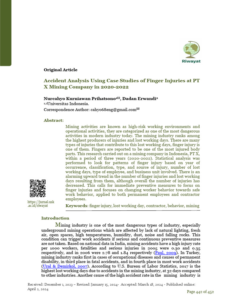 Accident Analysis Using Case Studies of Finger Injuries at PT X Mining ...