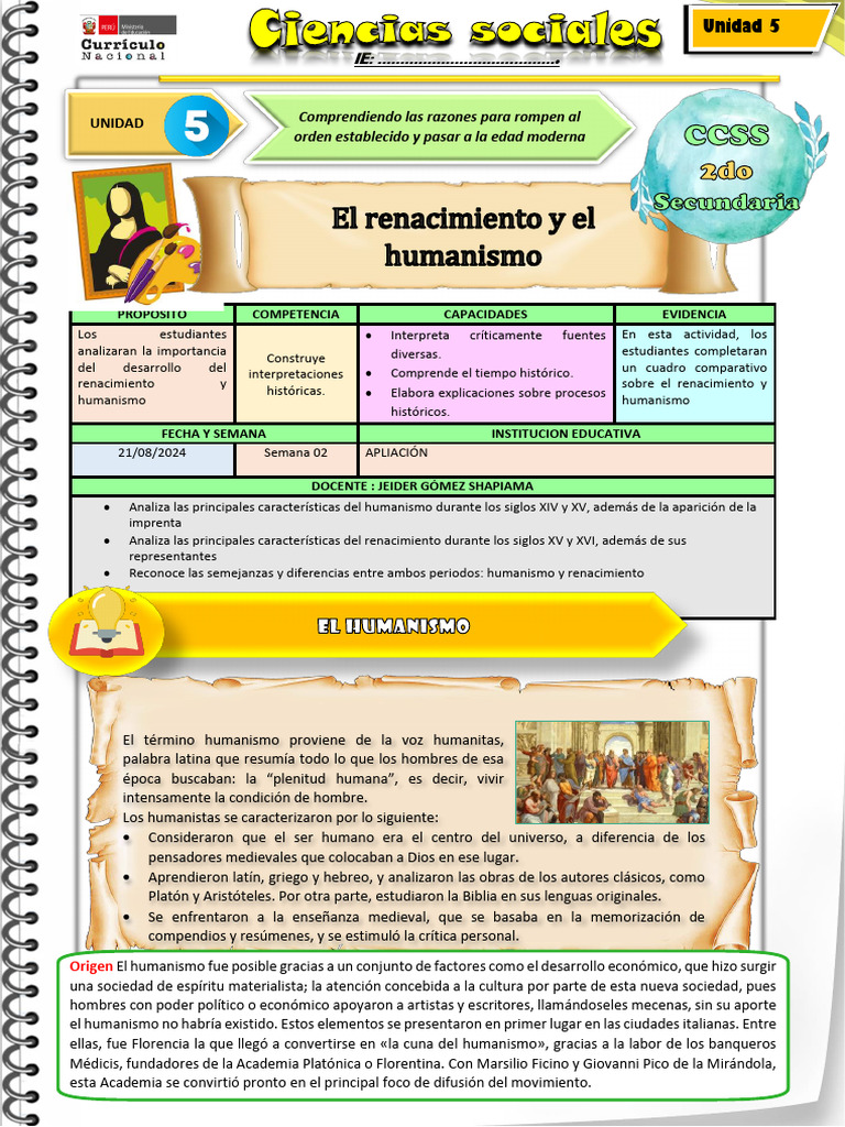 FICHA DE ACTIVIDAD CCSS 2°-SEMANA 2 UNI 5 Renacimiento y Humanismo | PDF