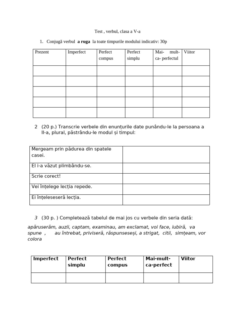 Test Verbul Clasa A V A | PDF