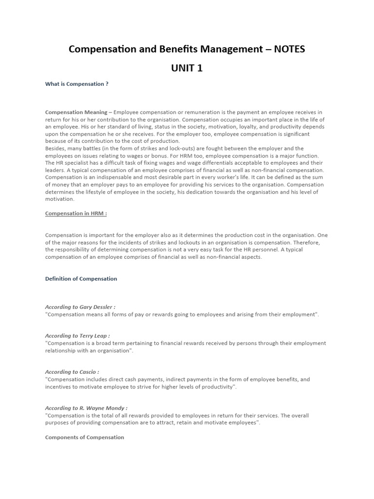Compensation and Benefits Management - NOTES | PDF