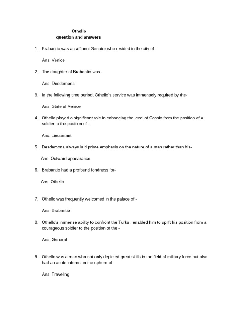 Othello Question and Answers | PDF