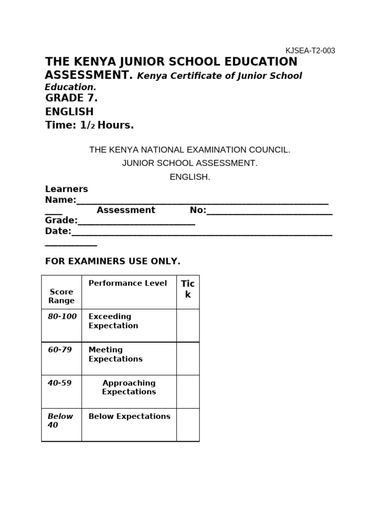 The Kenya Junior School Education Assessment.: Grade 7. English Time: 1 ...