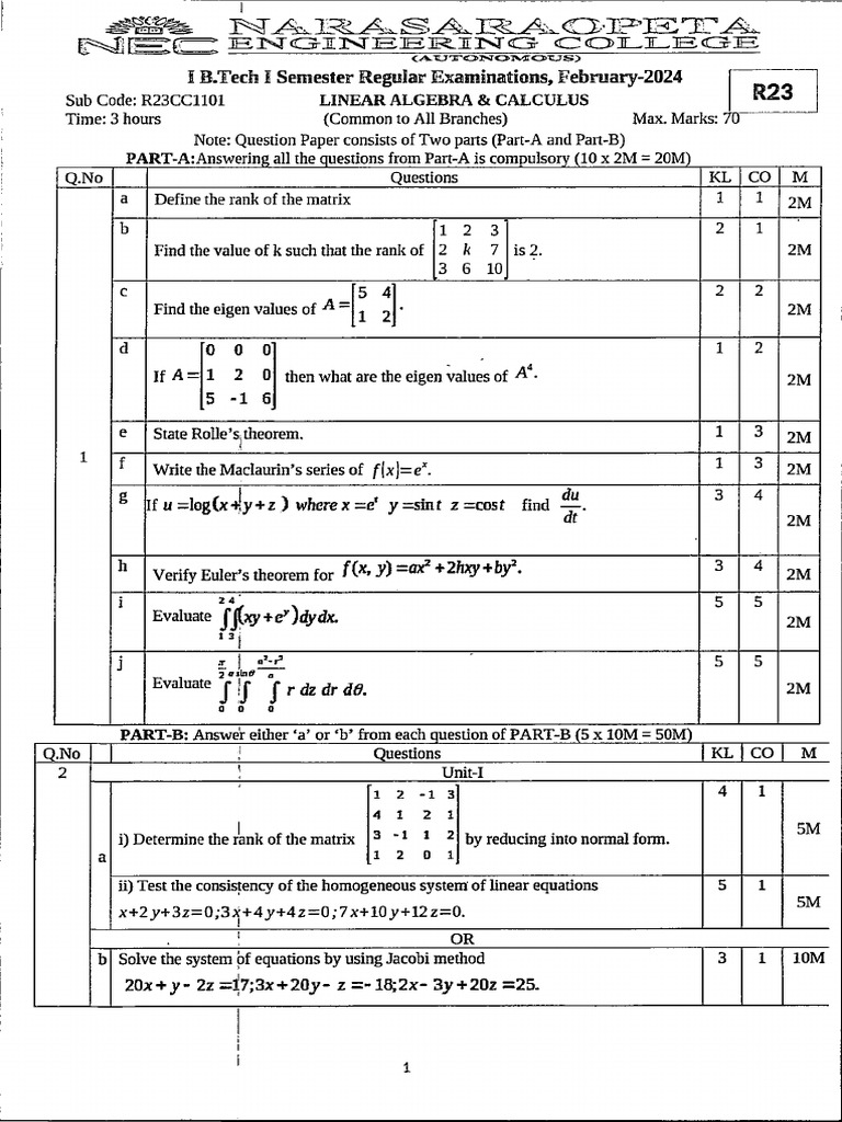 r23 I B.tech I Sem Regular End Examination Question Papers Feb 2024 | PDF