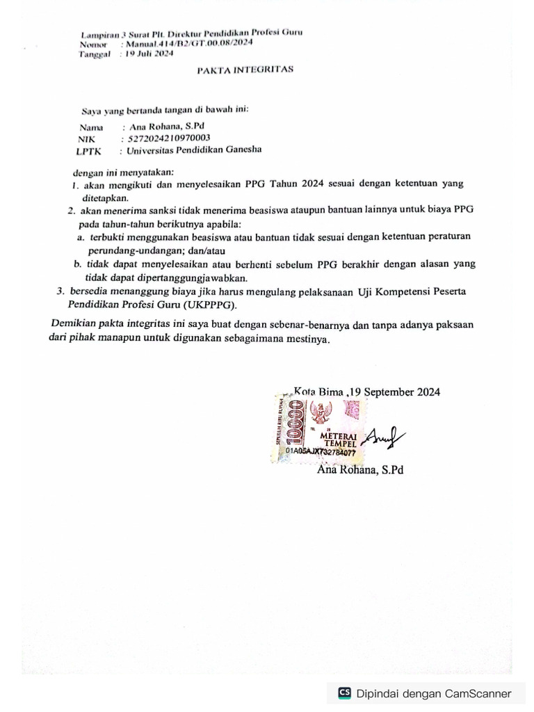 ANA ROHANA, S.Pd. PAKTA INTEGRITAS | PDF