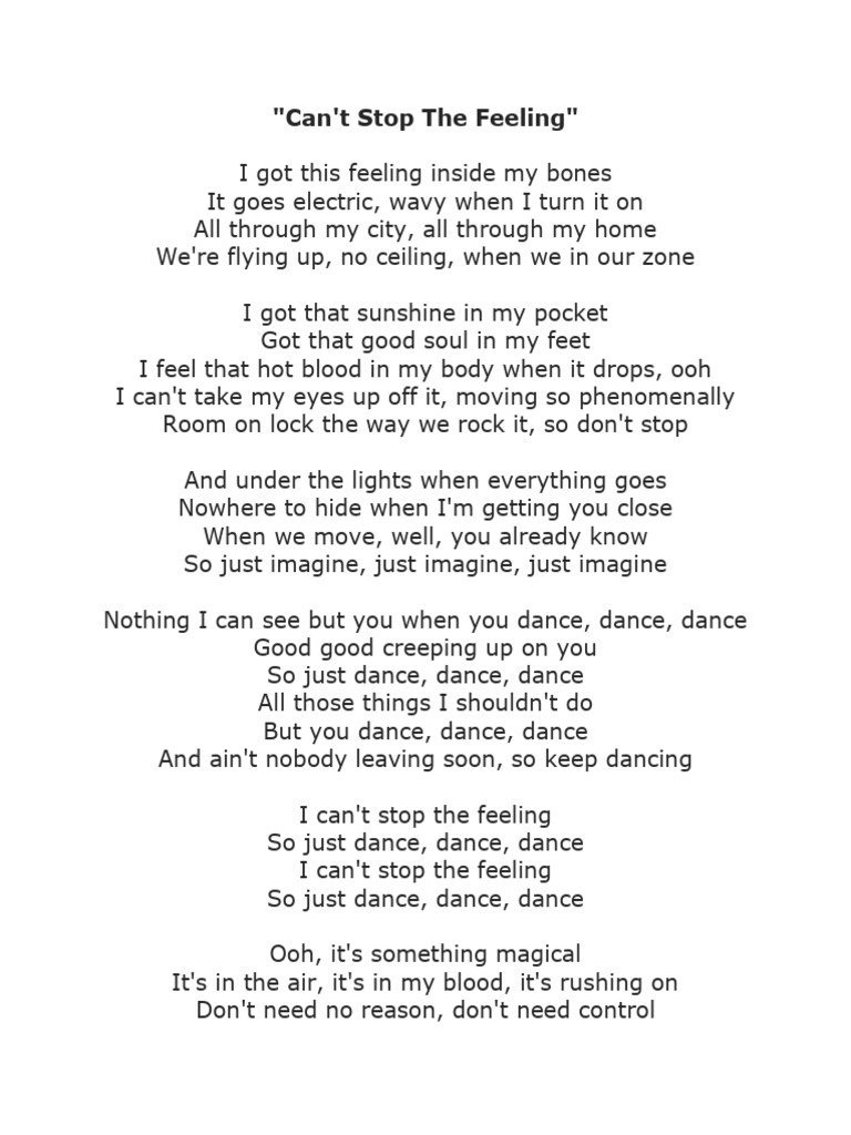 Cant Stop the Feeling Lyrics PDF