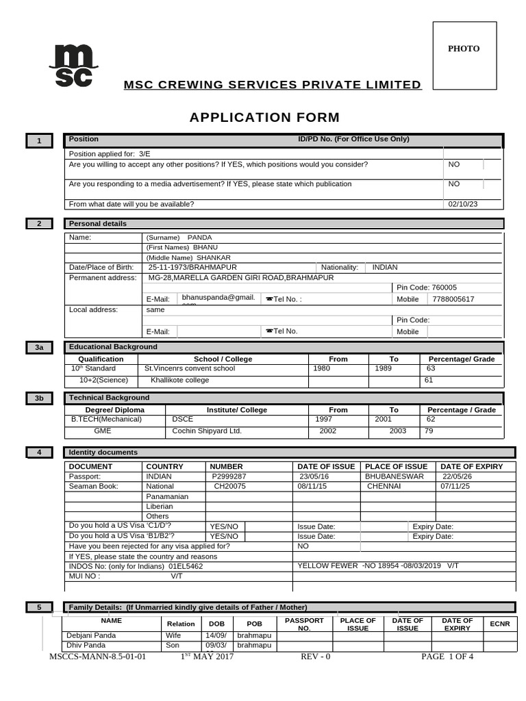 MSC Crew Application Form for 3/E Position | PDF | Shipping