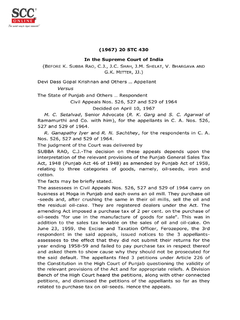 J 1967 20 STC 430 1967 SCC OnLine SC 108 1967 1 SCJ Gunachalla75 ...