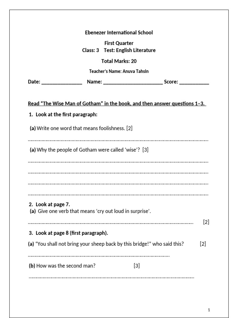 CLASS 3 Eng. Lit. Test 23-24 Radiant - Reading Pgs 7-9, 13-18 | PDF