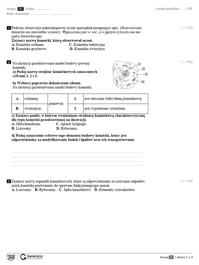 Test Z Biologii Dzial 2 Klasa 5 Test Z Biologii Klasa 2 Liceum Nowa Era | PDF