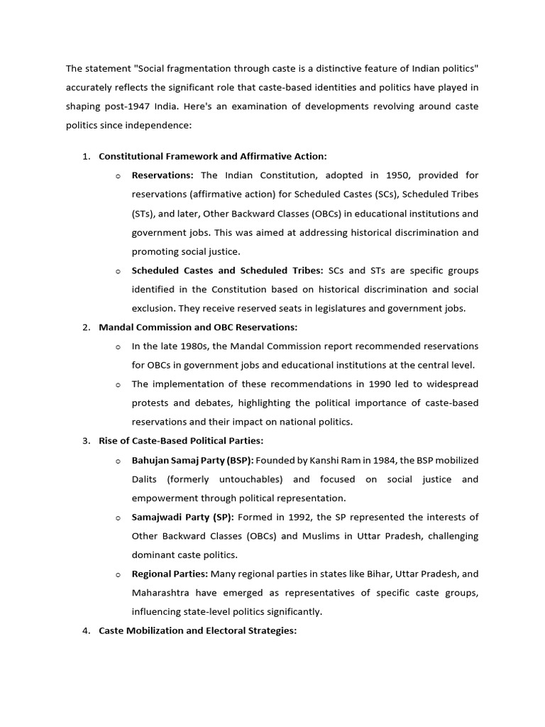 Caste Politics in History | PDF | Politics Of India | Social Inequality