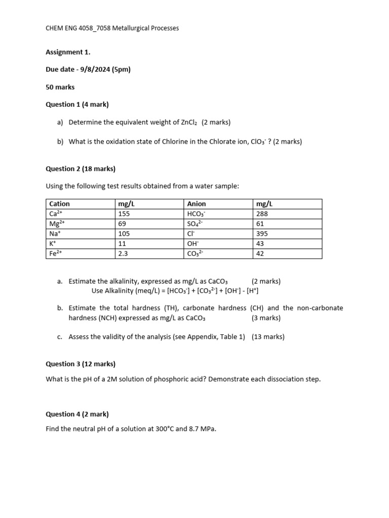 CHEM ENG 4058 - 7058 - Assignment 1 - Water Chemistry | PDF