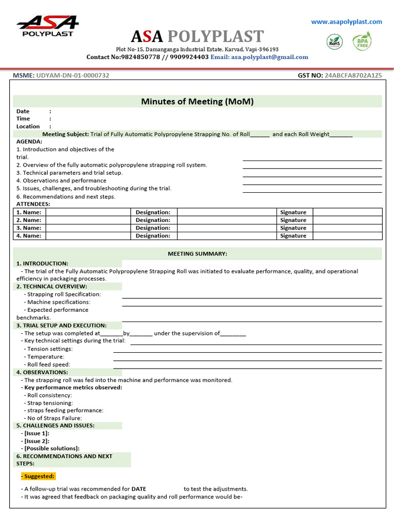 Polyplast: Minutes of Meeting (Mom) | PDF