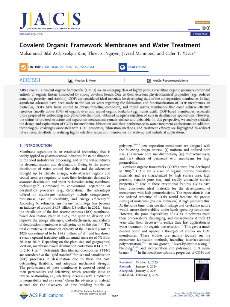 Asif Et Al 2024 Covalent Organic Framework Membranes and Water ...