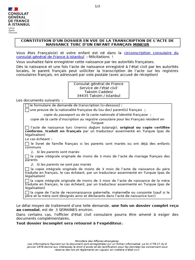 Formulaire de Demande de Transcription D Acte de Naissance D Un Enfant ...