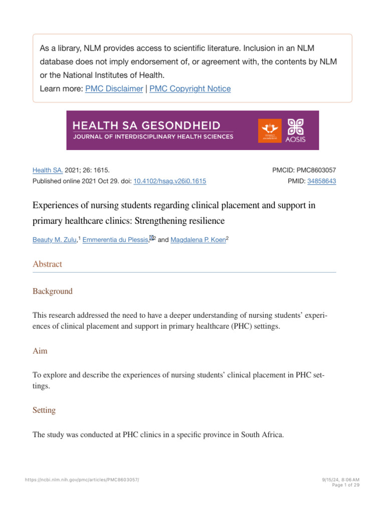Experiences of Nursing Students Regarding Clinical Placement and ...