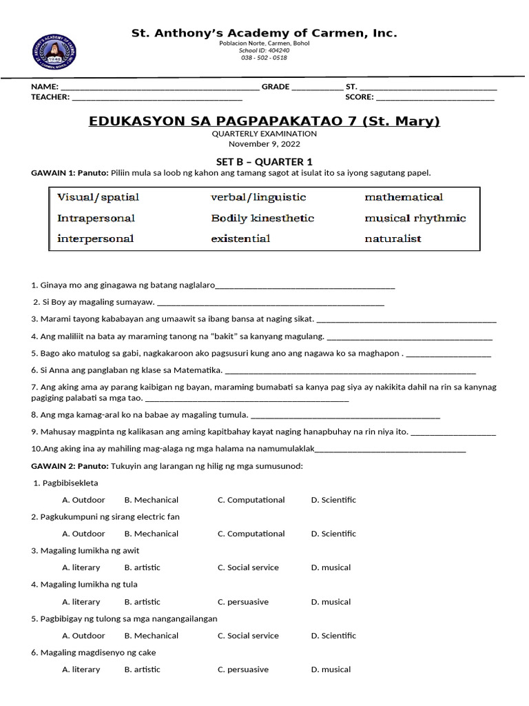 ESP 7-Set B Exam For Quarter 1 | PDF
