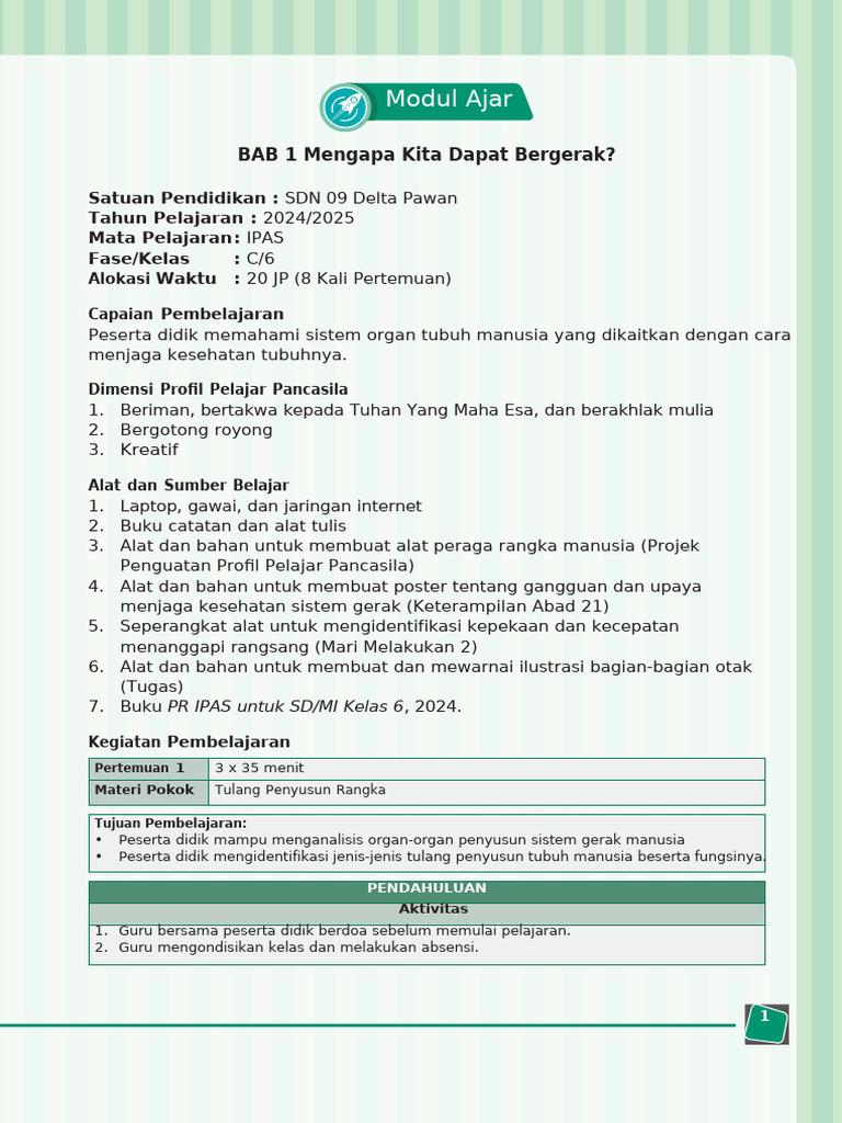 Modul Ajar PR IPAS 6 Bab 1 Edit | PDF