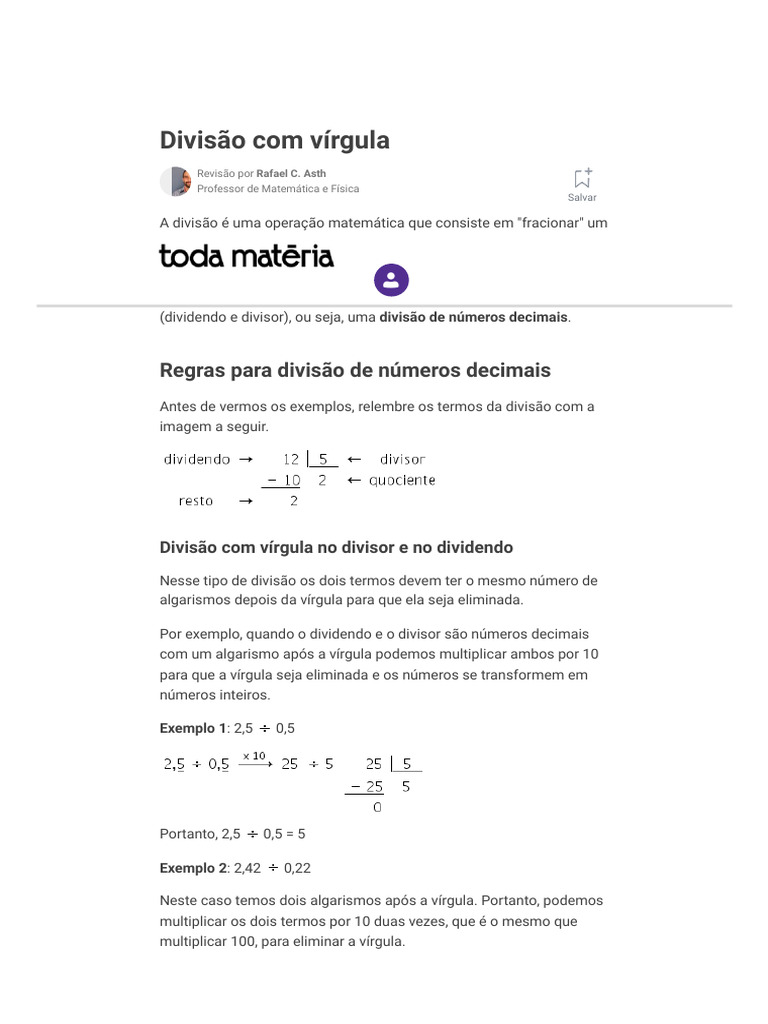 Divisão Com Vírgula - Como Dividir Números Decimais e Exercícios - Toda ...