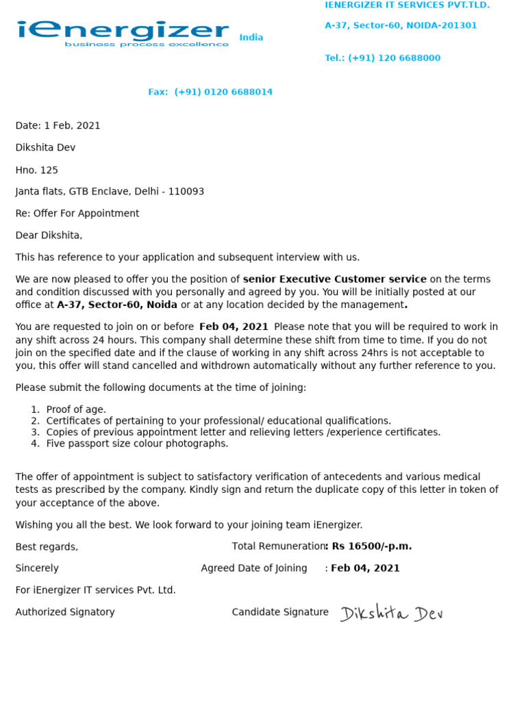 Offer Letter Ienergizer D | PDF