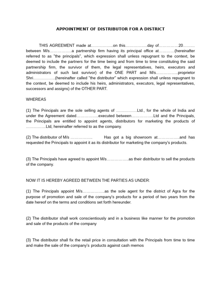 Appointment of Distributor For A District | PDF